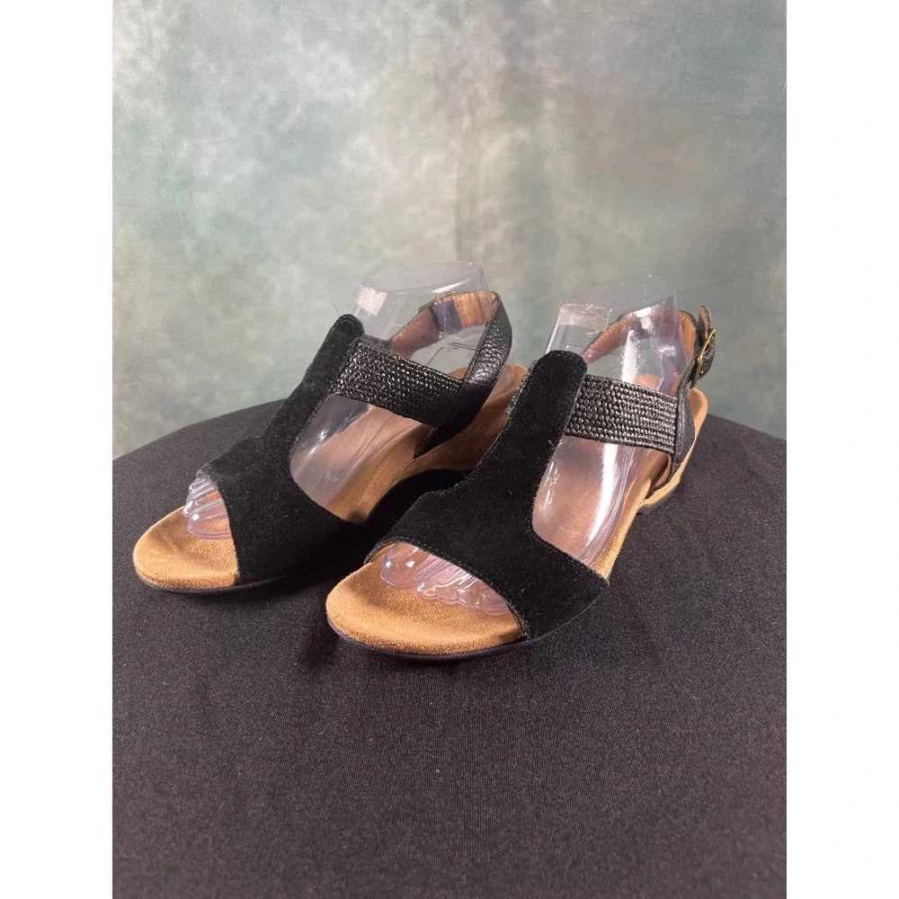 Vionic Kaytie Black Suede Leather Cork Wedge Slingback Sandals‎ Womens 8